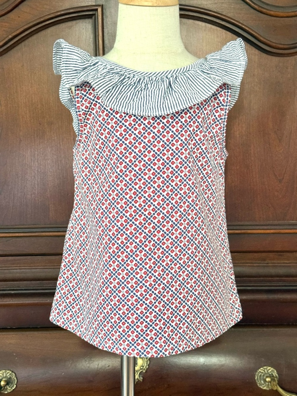 Bella Bliss Girls Red Blue Geometric Print Ruffle Tank Top Size 5 Patriotic